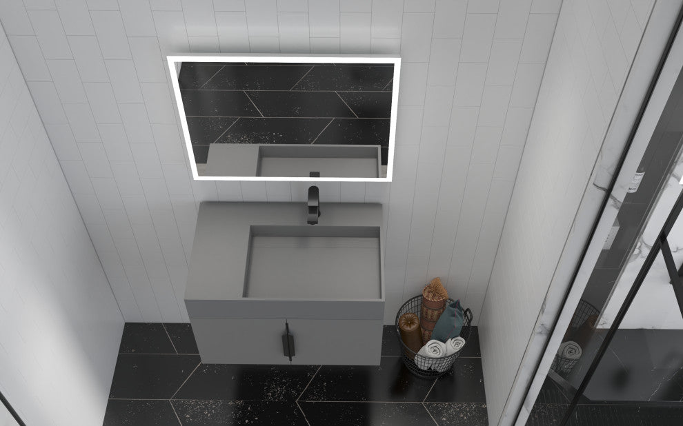 CastelloUSA Amazon 30" Right Wall Mounted Bathroom Vanity Set, Gray, Gray Top, Black Handles