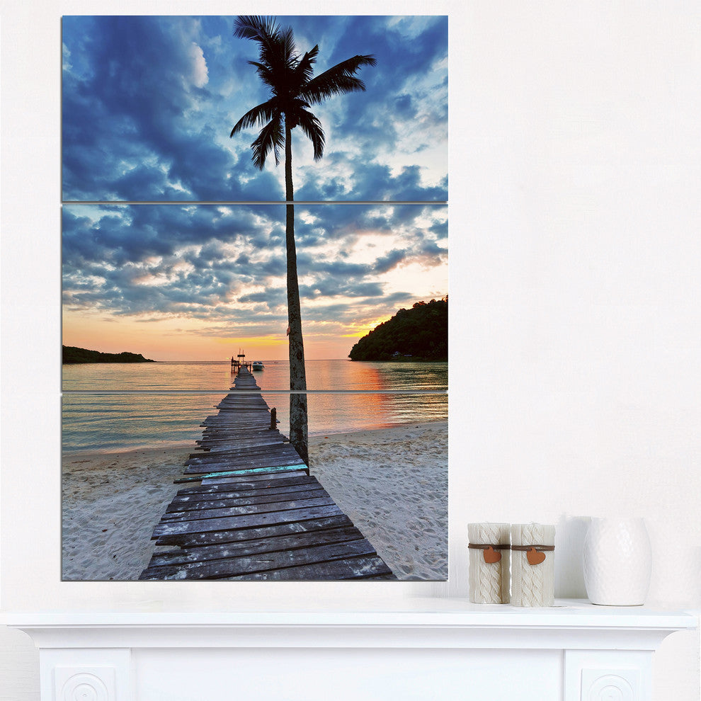 "Wooden Pier and Palm Tree" Photo Metal Wall Art, 3 Panels, 28"x36"
