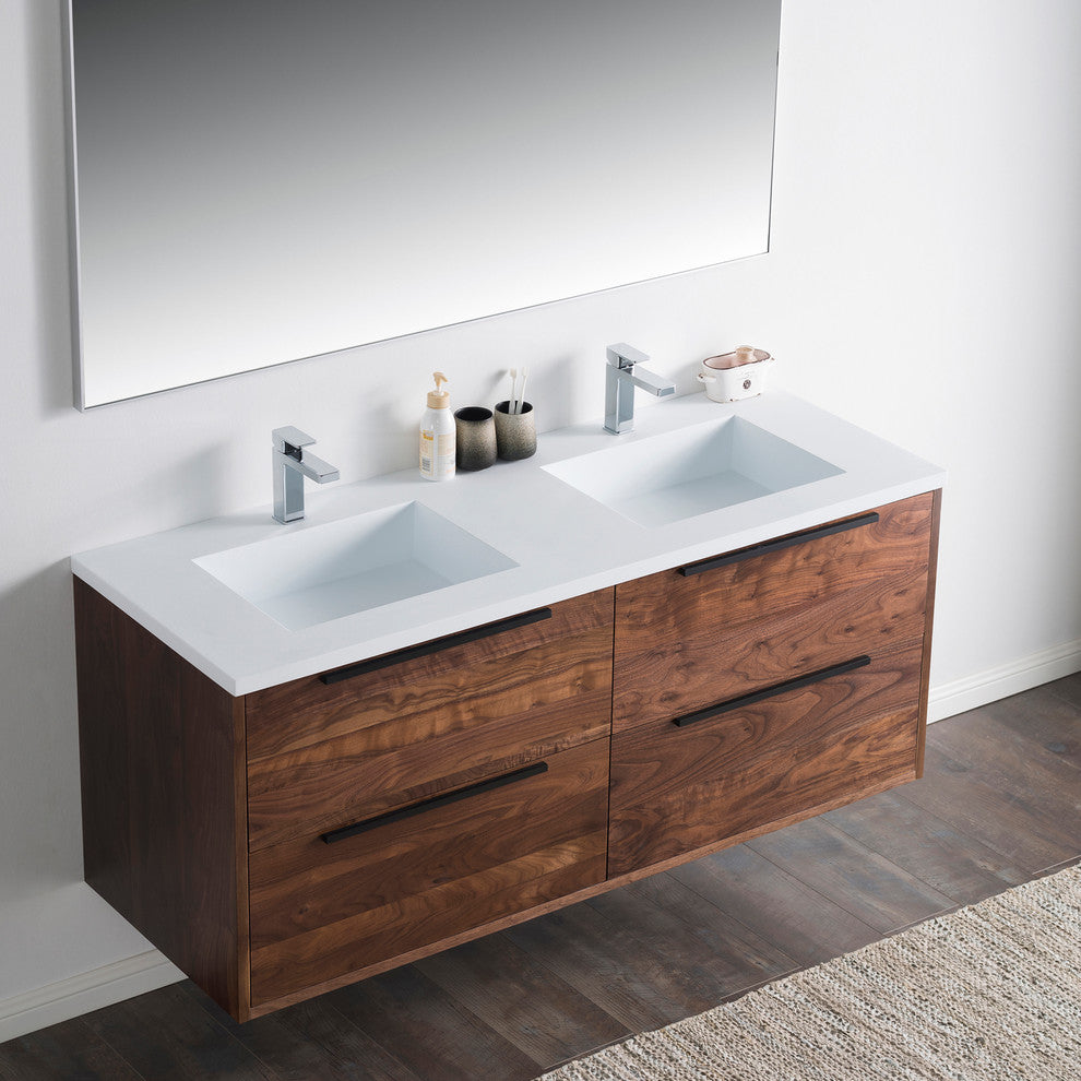 Vanity Alfred 60 Double Sink With Integrated Solid Surface top, American Walnut,