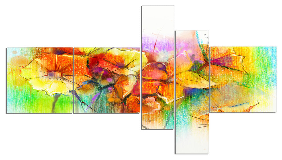Bright Yellow Gerbera and Daisies, Floral Canvas Print, 60"x32", 5 panels