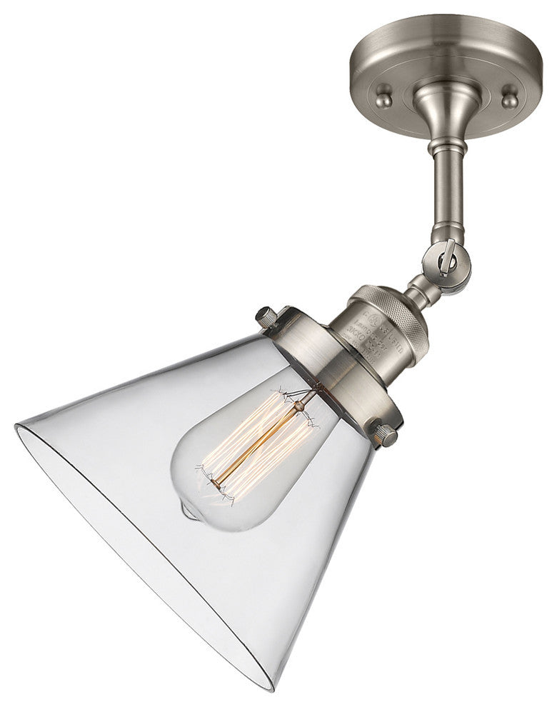 Large Cone LED Semi-Flush Mount, Brushed Satin Nickel, Glass: Clear
