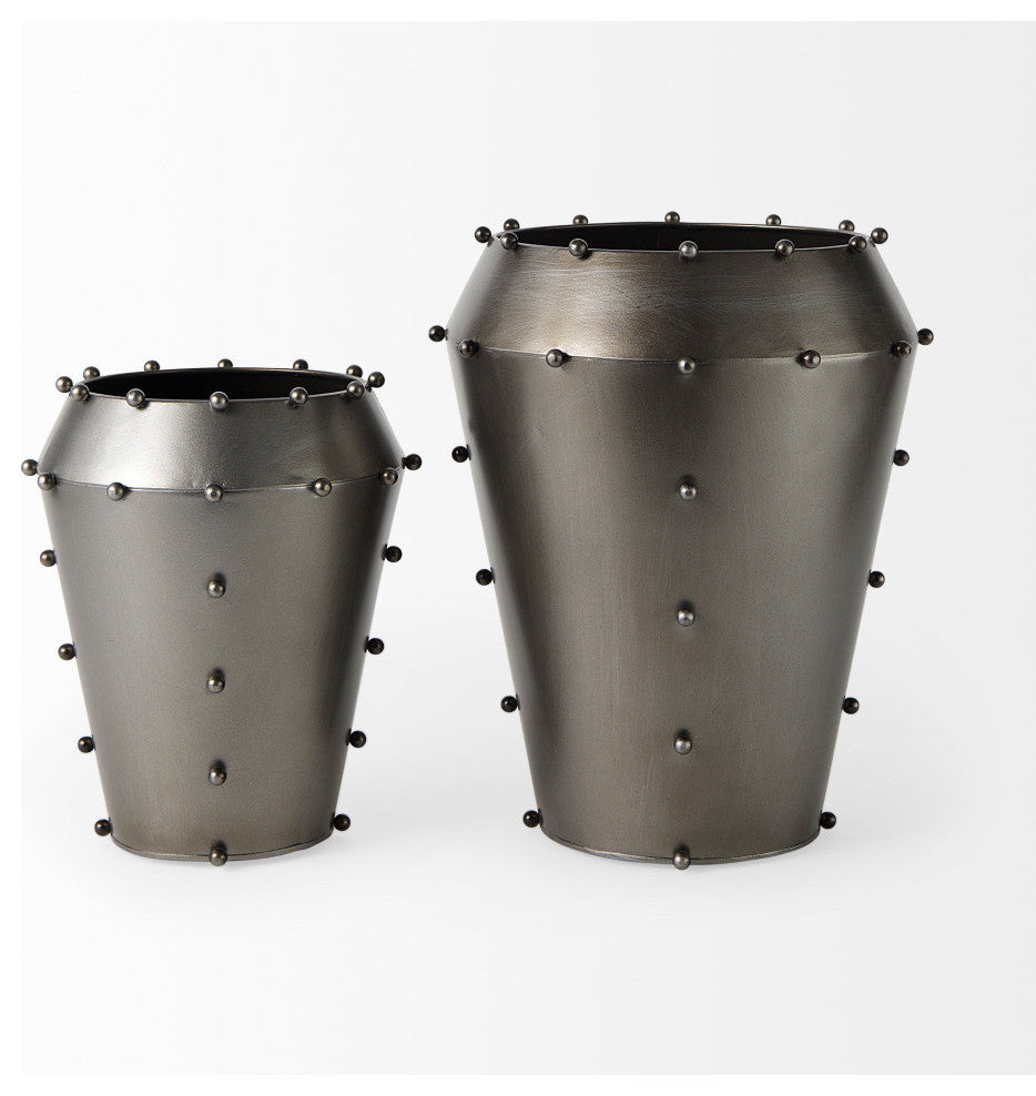 Elio 12.2H Large Gun Metal Gray Metal WithStuds Vase