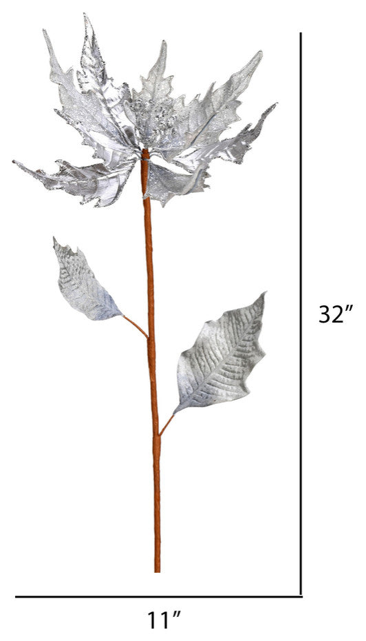 Glitter Poinsetta Artificial Christmas Spray , Silver, 32"
