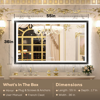LED Vanity Mirror With Lights Metal Framed Front & Backlit, Dimmable, Black, 55x36