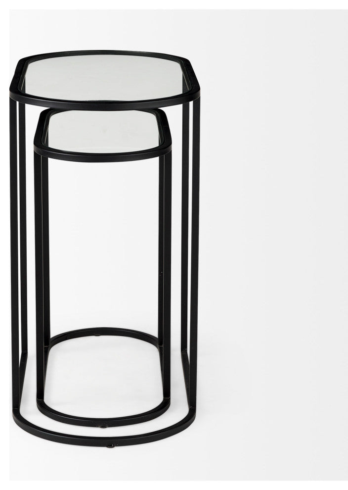 Celine Set of Two Black/Silver Metal and Glass Nesting Accent Tables
