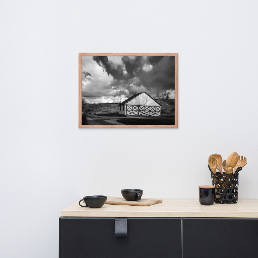 Aging Barn Morning Sun in Black and White Framed Photo Paper Wall Art Prints, Red Oak, 18" X 24"