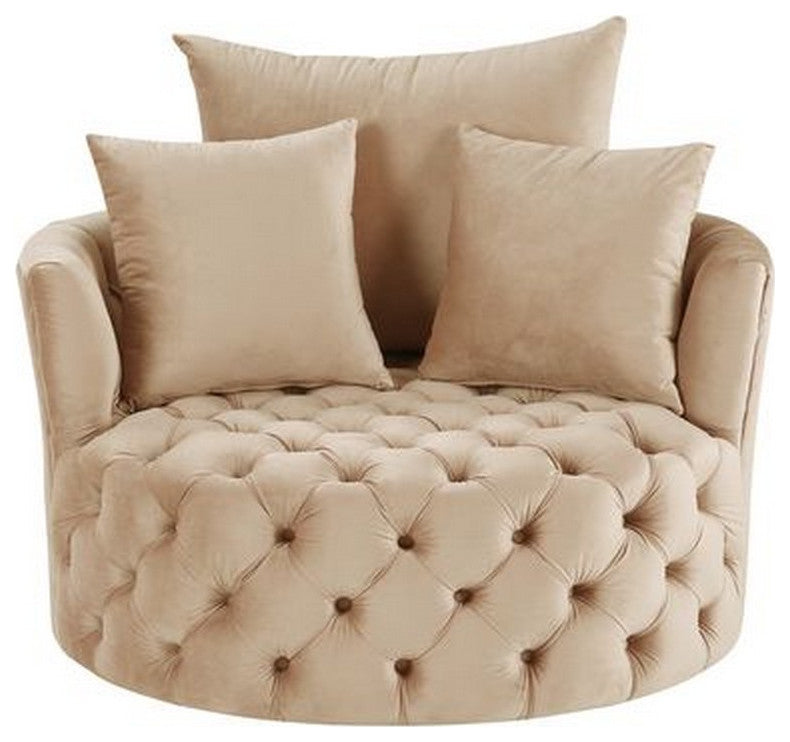 Benzara BM262172 Swivel Accent Chair With Curved Design/Button Tufting, Beige