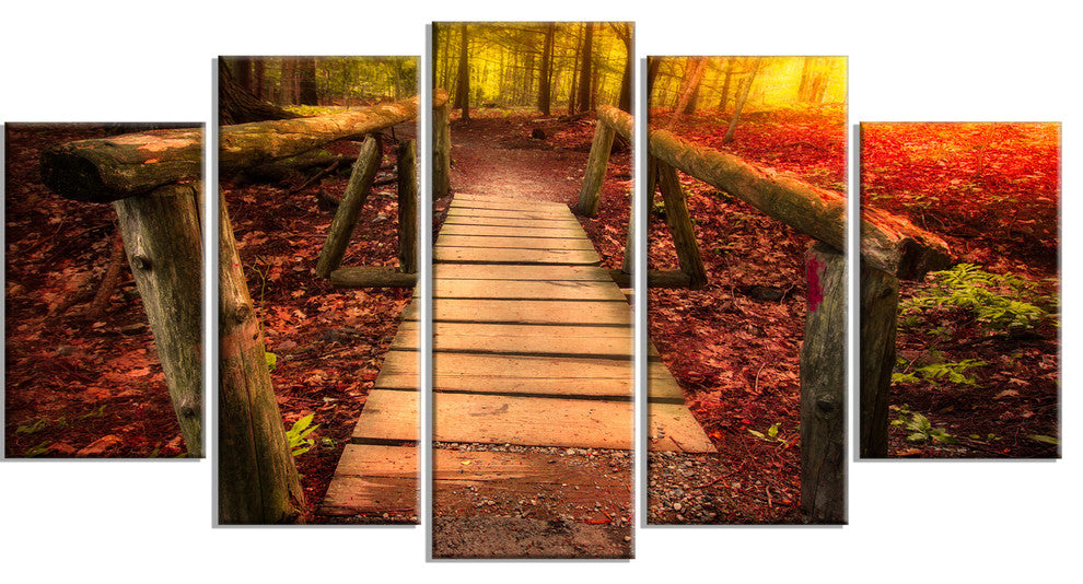 Beautiful Footbridge in Golden Light, Bridge Canvas Art Print, 60"x32", 5 Panels