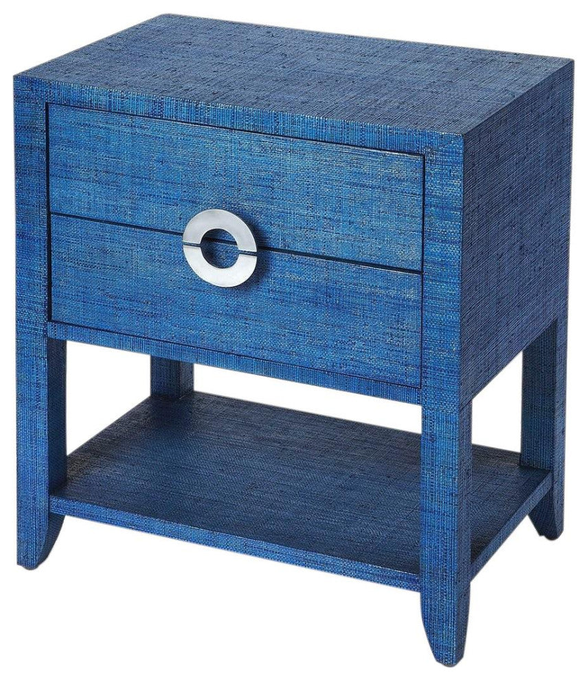Ocean Blue Raffia Nightstand with Drawers