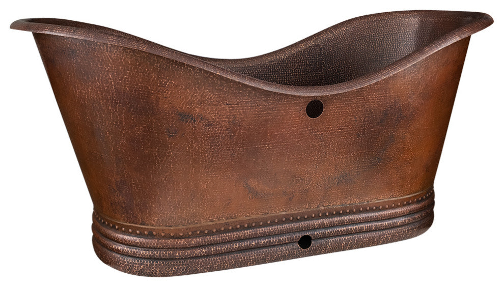 67" Hammered Copper Double Slipper Bathtub, Overflow Holes & Drain Package