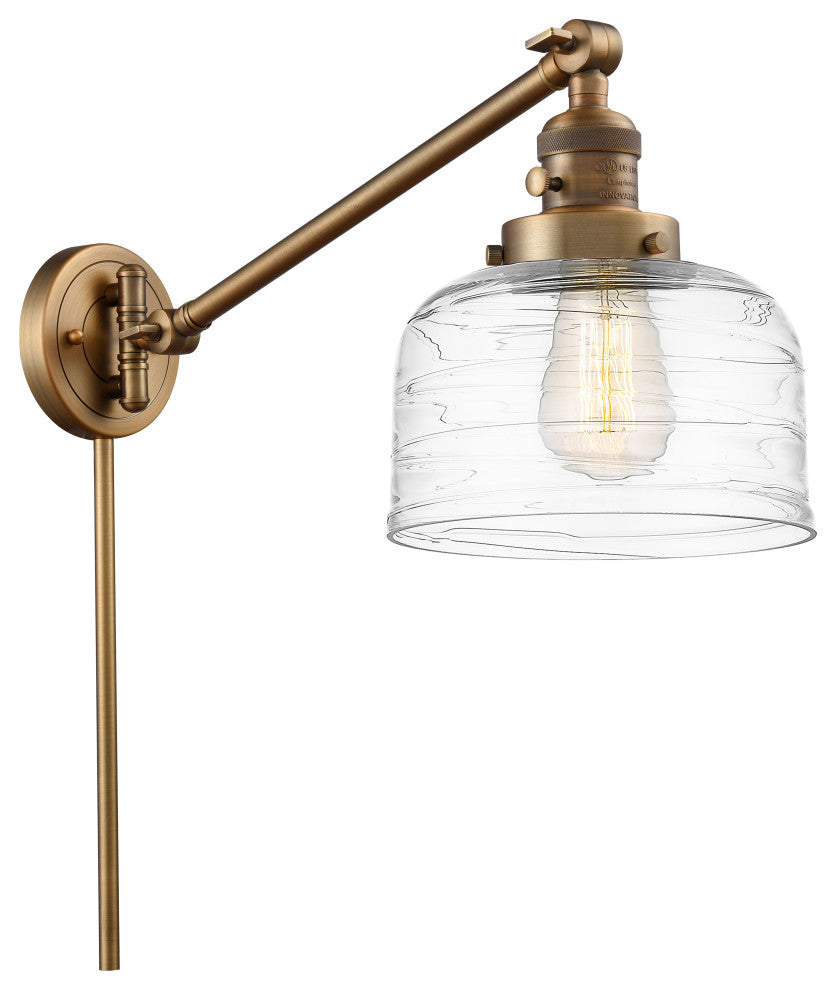 Bell Swing Arm With Switch, Brushed Brass, Clear Deco Swirl, Clear Deco Swirl