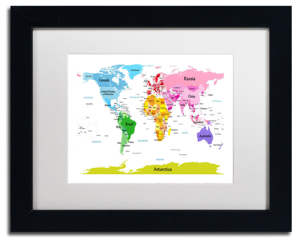 'World Map for Kids II' Matted Framed Canvas Art by Michael Tompsett