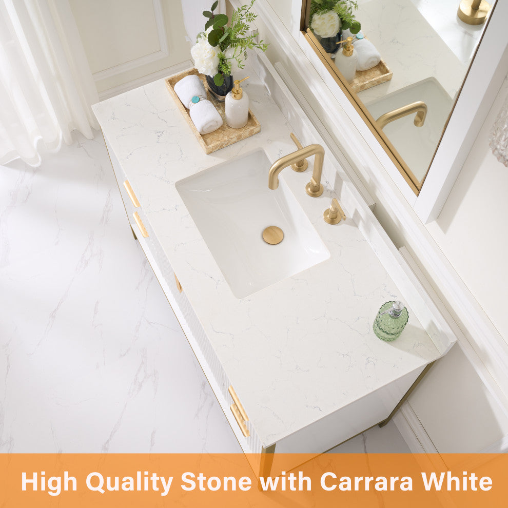 Hanah Freestanding Bathroom Vanity with Quartz Top in White, 48"