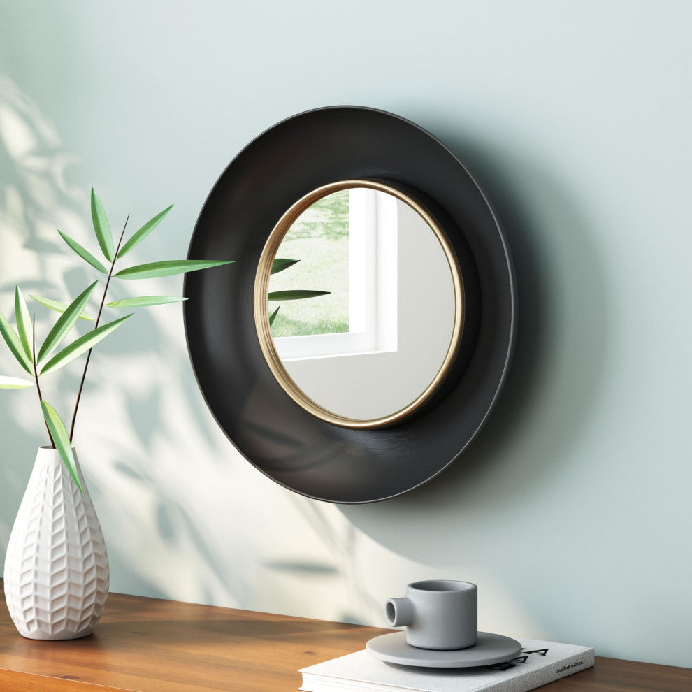Frame Wall Mirror, Round, Glass, Steel Metal, Black, Bedroom Living
