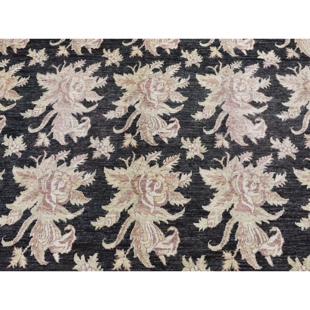 Black Dense Weave Fine Peshawar Hand Knotted Wool Oriental Rug 9'1" x 12'4"
