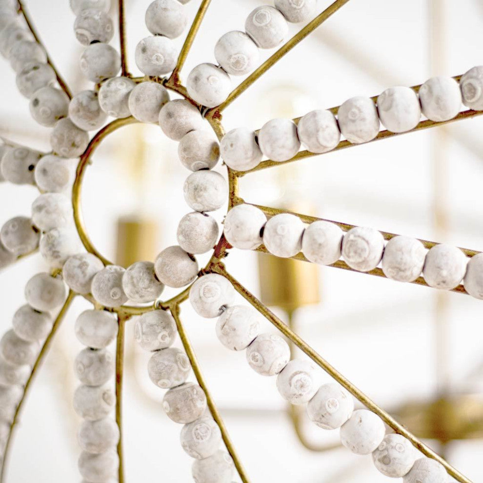 Ava White Beaded Wood With Gold Metal Frame Six Bulb Chandelier