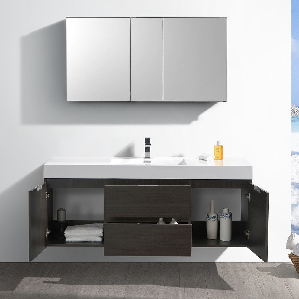 Valencia 60" Gray Oak Wall Hung Bathroom Vanity Set, Cabinet, Faucet FFT3071CH