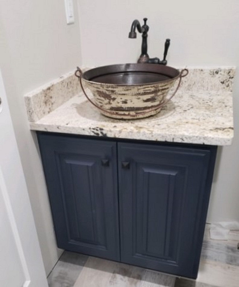 Round Copper Vessel Bath Sink BUCKET Style in Distressed Antique White Exterior