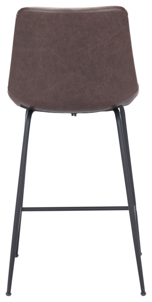 Counter Stool Chair, Faux Vinyl Leather, Steel, Brown, Black, Mid Century Cafe