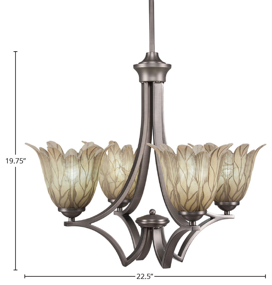 Zilo 4 Light Chandelier, Graphite Finish With 7" Vanilla Leaf Glass