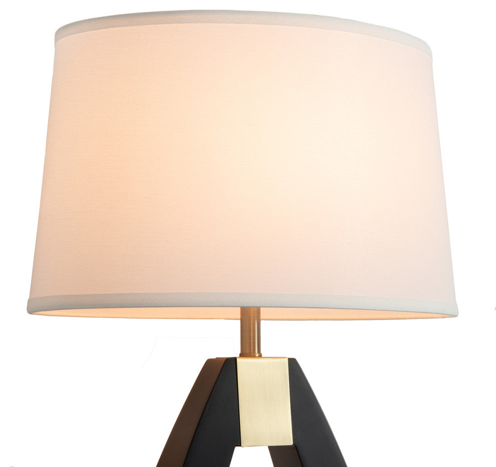 Trina Table Lamp - Wood Finish, Weathered Brass, White Linen Shade, 3-Way Switch