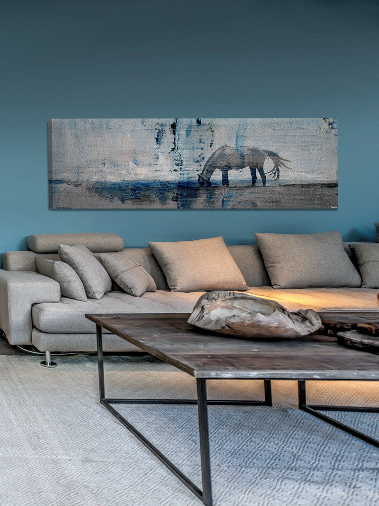 "Horse Grazing Blue" Painting Print on Wrapped Canvas, 30"x10"