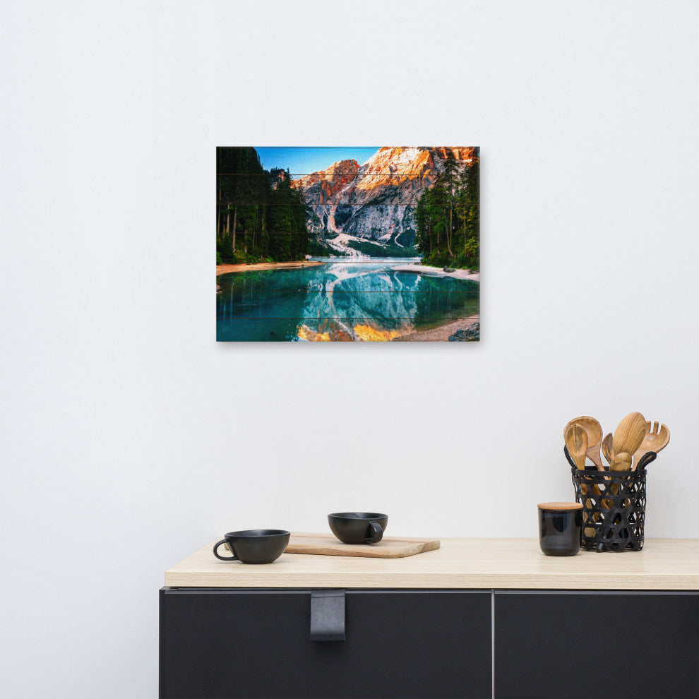Faux Wood Misty Lake and Snow-cap Mountain Reflections Canvas Prints, 18" X 24"