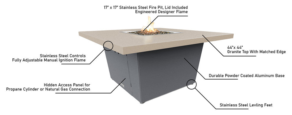 Square Fire Pit Table, 44x44, Chat Height, Propane, Black Powdercoat Top, Black