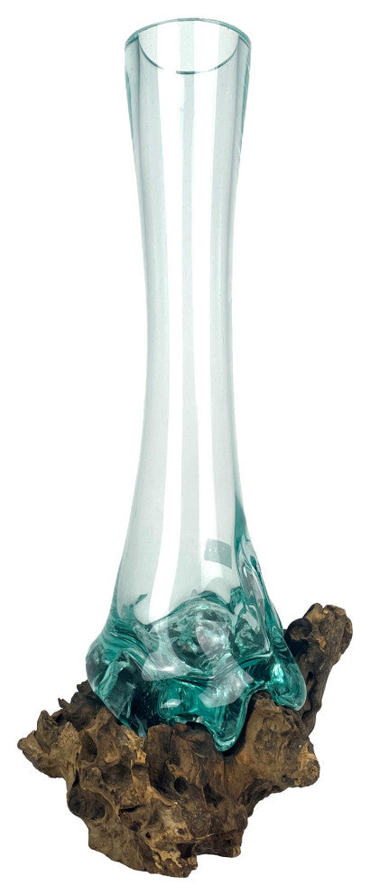 Glass On Teak Driftwood Molten Sculptural Bud Vase