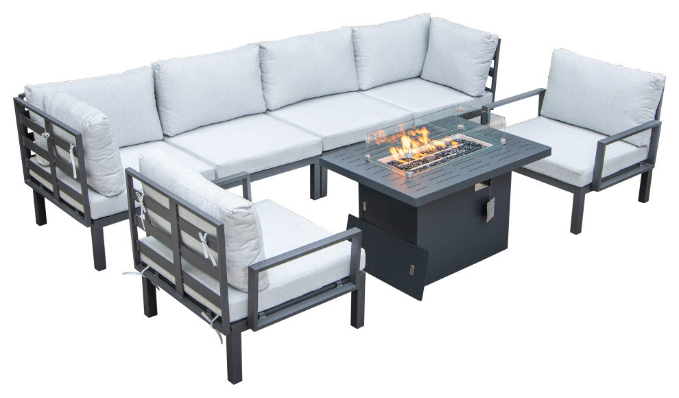 LeisureMod Hamilton 7-Piece Patio Sectional Set With Fire Pit Table, Light Gray