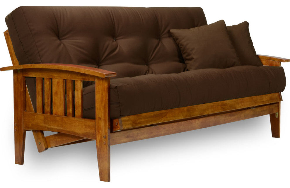 Westfield Wood Futon Set, Frame, 8" Mattress, Microfiber Sussex Fudge, Queen