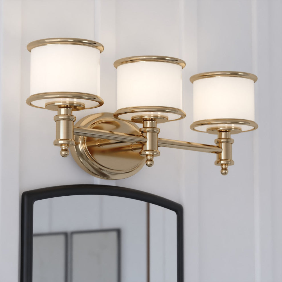 Carlisle Vanity Light, Natural Brass, White Frosted Opal Glass, 3-Light