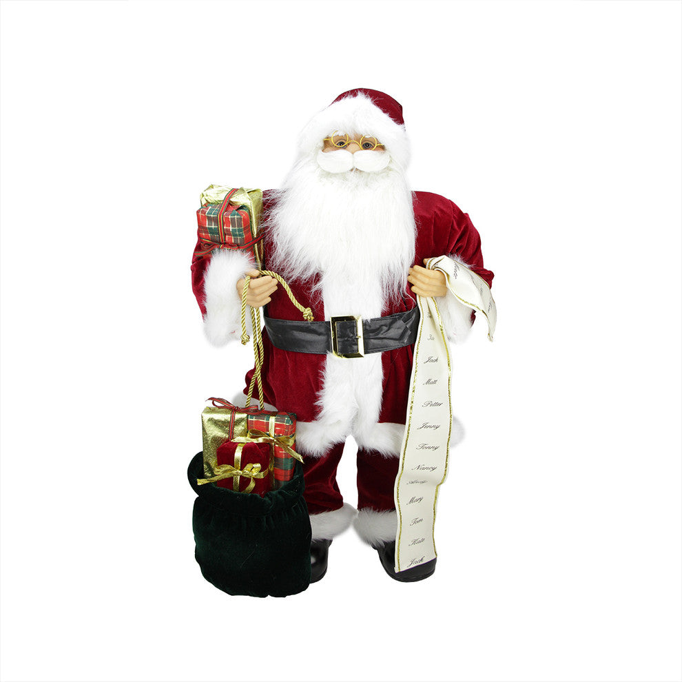 32" Standing Traditional Santa Holding A List of Names And Gift Bag