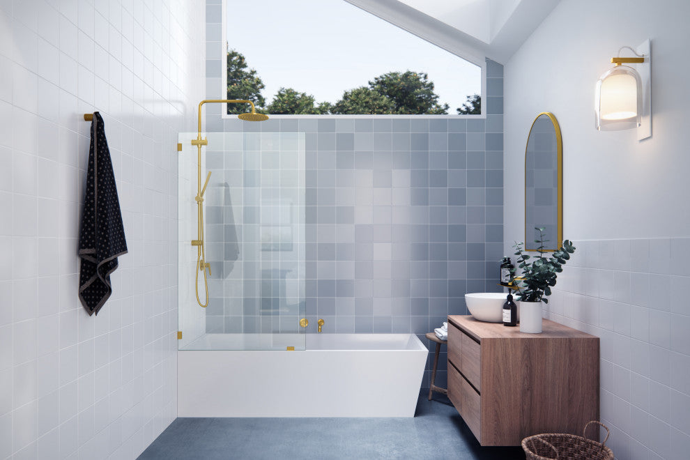 58.25"x34" Frameless Shower Bath Fixed Panel, Satin Brass