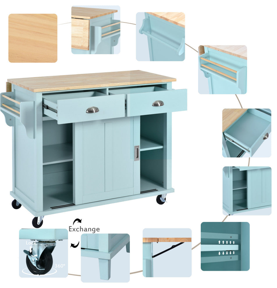 TATEUS Cambridge Solid Wood Top Kitchen Island, Blue