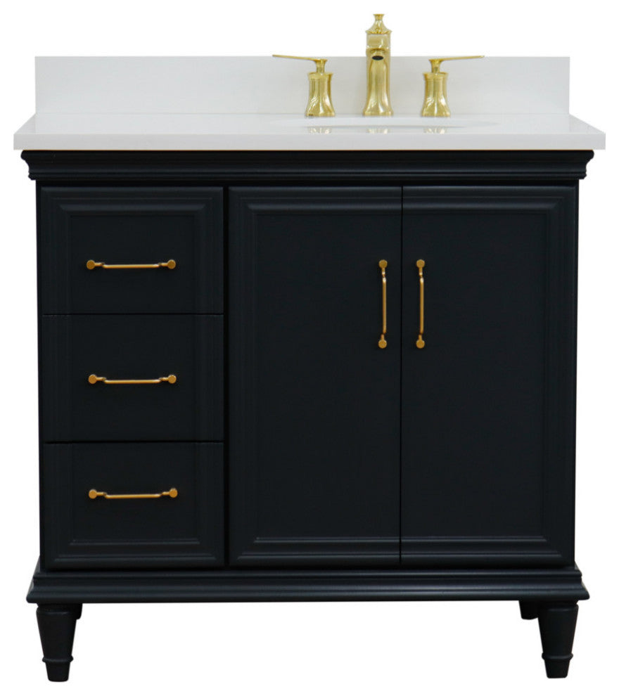 37" Single Vanity, Dark Gray Finish With White Engineered Stone Top