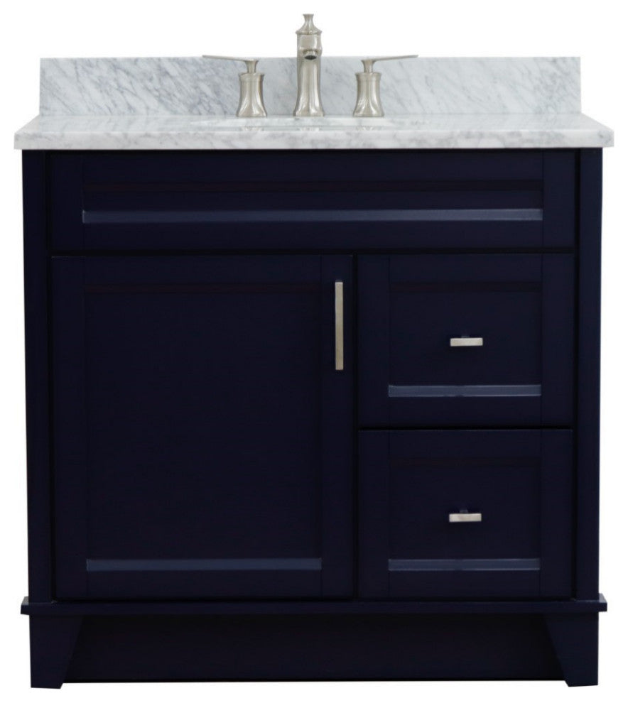 37" Single Sink Vanity, Blue Finish With White Carrara Marble