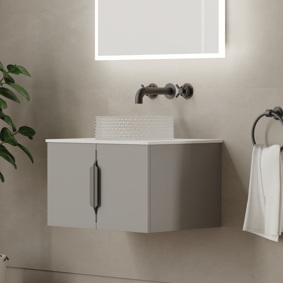 Modern Rectangular Bathroom Countertop Shelf, White Solid Surface, 30"