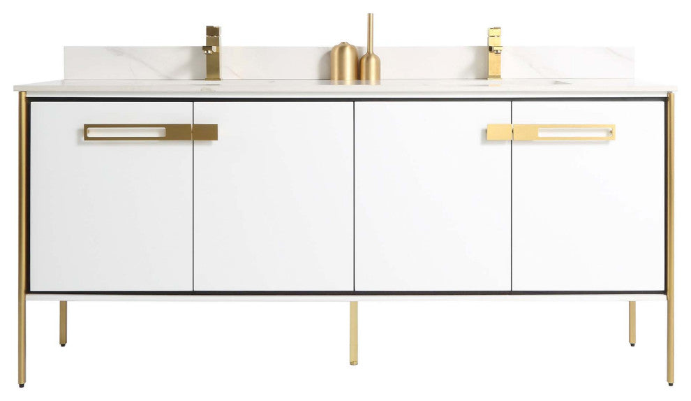 Oakville Bath Vanity, Ceramic Sink, White Matte, 72 Inch, Satin Brass Hardware