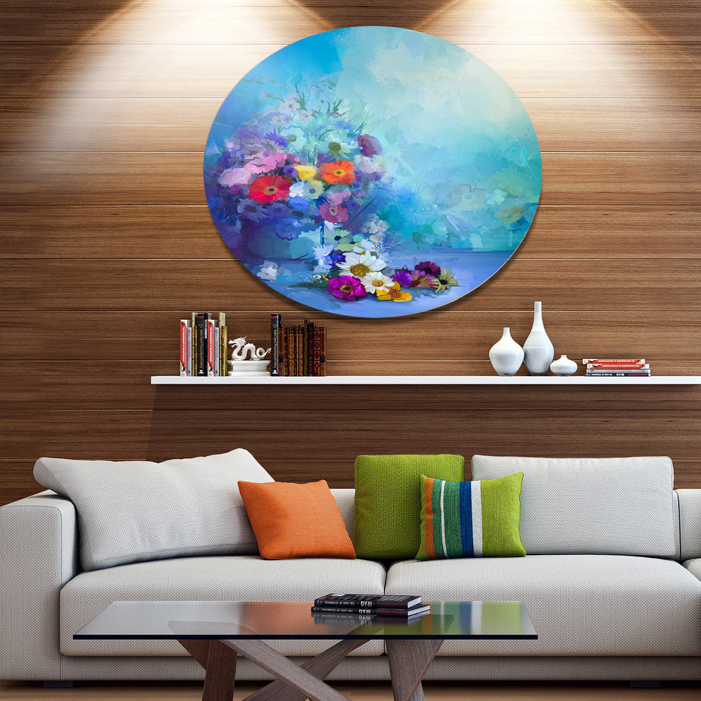 Little Flowers On Blue Background, Floral Disc Metal Artwork, 11"