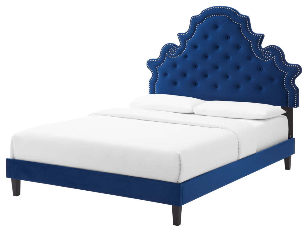 Tufted Platform Bed Frame, Twin Size, Velvet, Blue Navy, Modern Contemporary