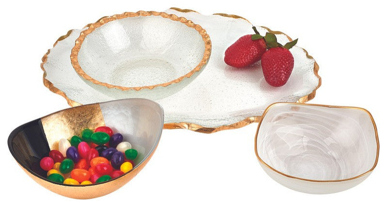 Set of Two 6" White Alabaster Square Glass Bowls With Gold Rim