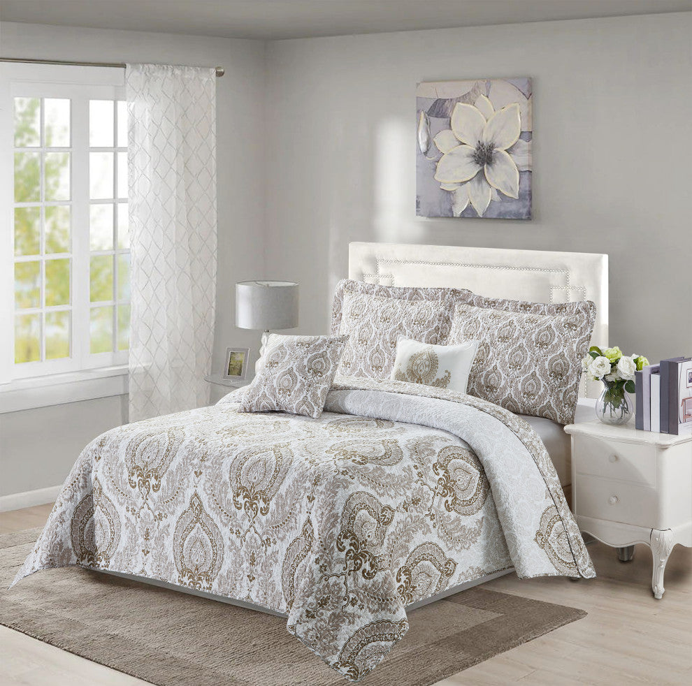Heart Damask 5 Piece Quilt Bedspread Sets, Antique White, King, 102"x90"