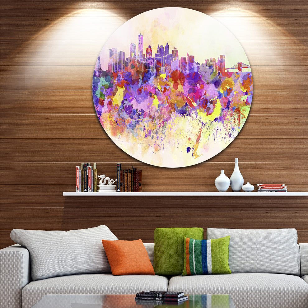 Purple New York Skyline, Cityscape Disc Metal Artwork, 36"