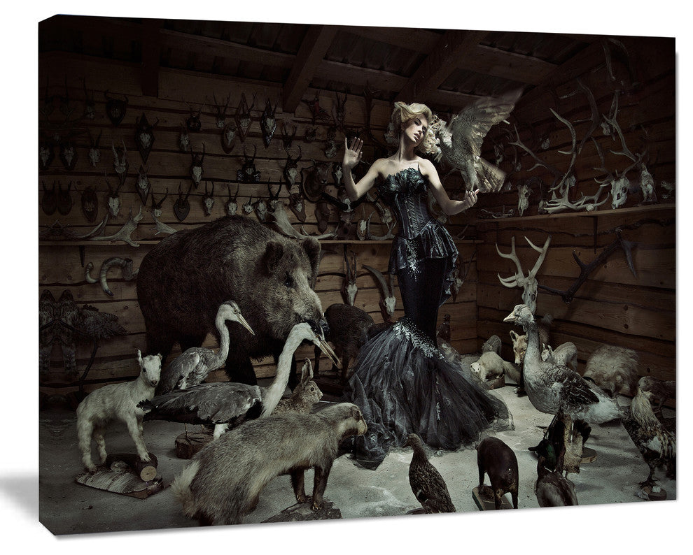 Woman Among Wild Animals, Animal Canvas Art Print, 20"x12"