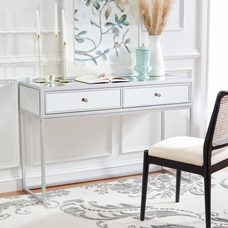 Elegant Modern Desk, Glam Mirrored Design With 2 Storage Drawers & Round Knobs