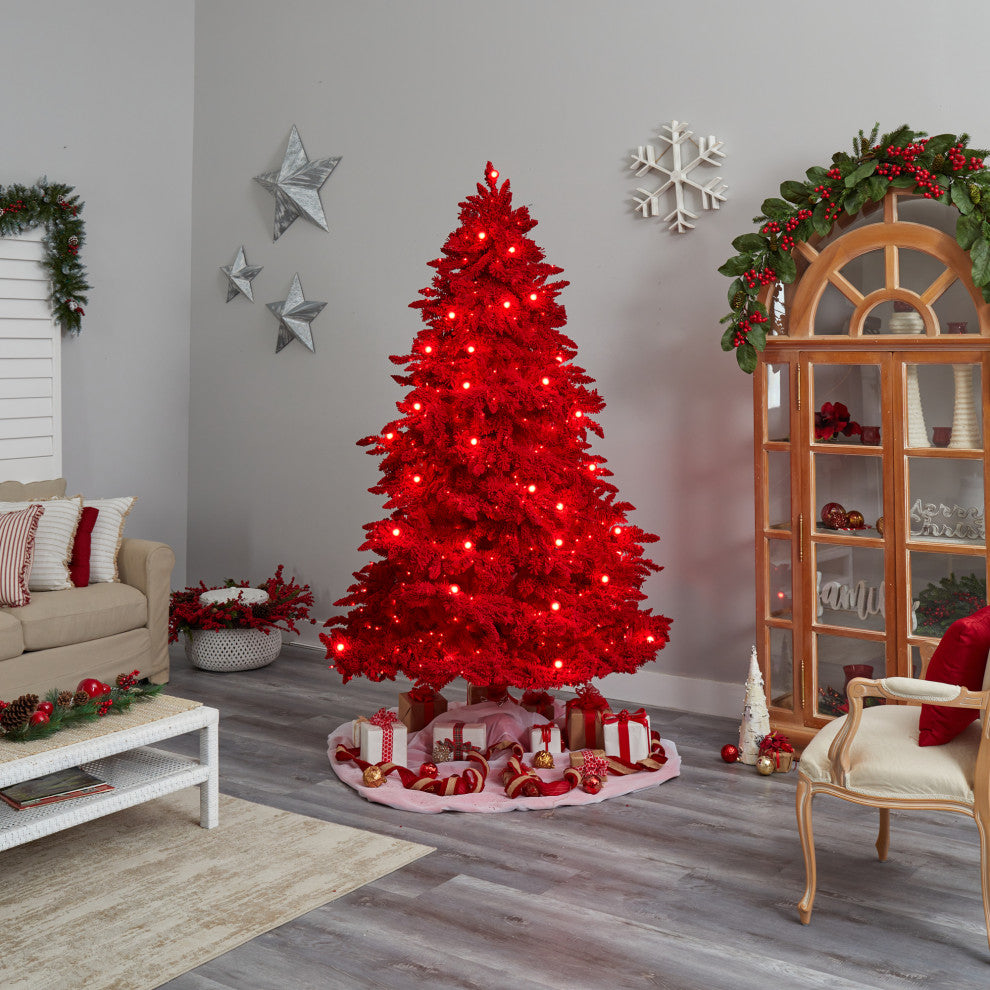 8' Red Flocked Fraser Fir Faux Xmas Tree W/Red Lights, Bulbs & Bendable Branches