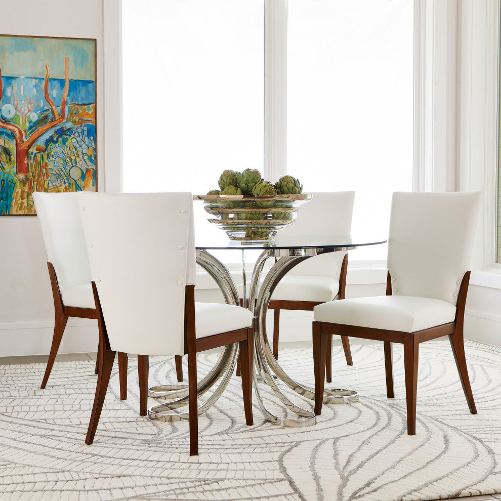 Luxe Elegant Classic White Leather Side Chair  Dining Curved Simple Walnut Wood