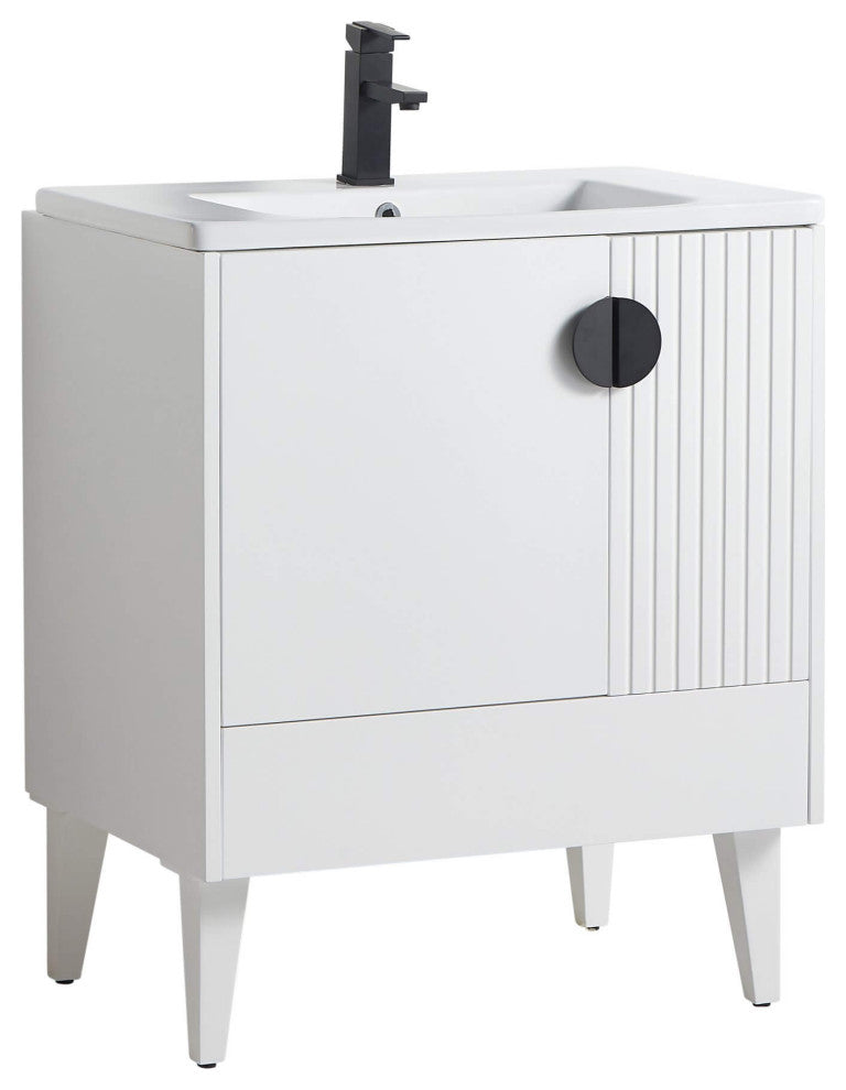 Venezian Single Bathroom Vanity, White, 30", Black Handles, One Sink