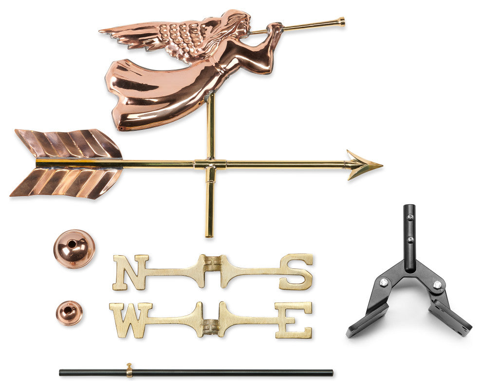 Polished Copper Angel Weathervane, Roof Mount